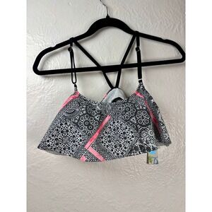 NWT Malibu Dream Girl Bikini Top Womens S Black Pink Paisley Flounce Vacation‎